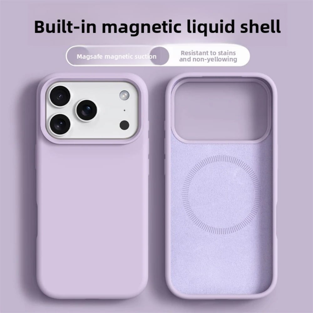 MagSafe対応に設計された、iPhone 17 Pro Max向けラベンダー色のシリコーン磁性液シェル携帯ケースの背面。