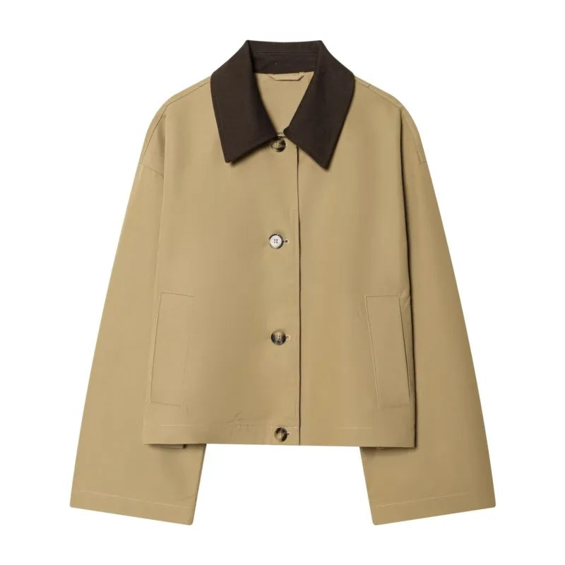 Women's Short Trench Coat with Contrast Collar New Spring Turn Down Collar Long Sleeve Button Women Coats Chic Female Jackets