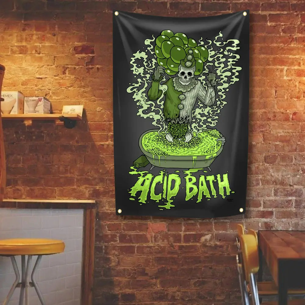 schwarze individuelle Polyester-Tapetenwandbehang-Kunst mit einem grünen Skelett-Clown in einem Säurebad, mit Säurebad-Text in einer Schriftzug-Charakter-Schrift auf einem schwarzen Bannerhintergrund.
