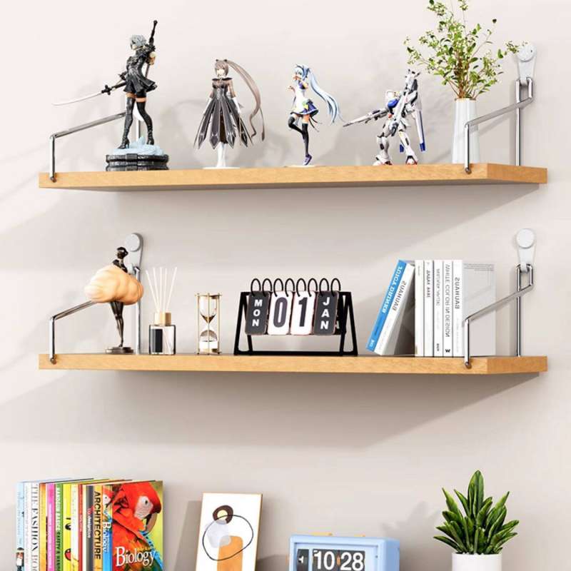 Étagère murale flottante en bois pour salon, comportant des étagères flottantes en bois avec des fixations métalliques élégantes, adaptées à divers espaces applicables.