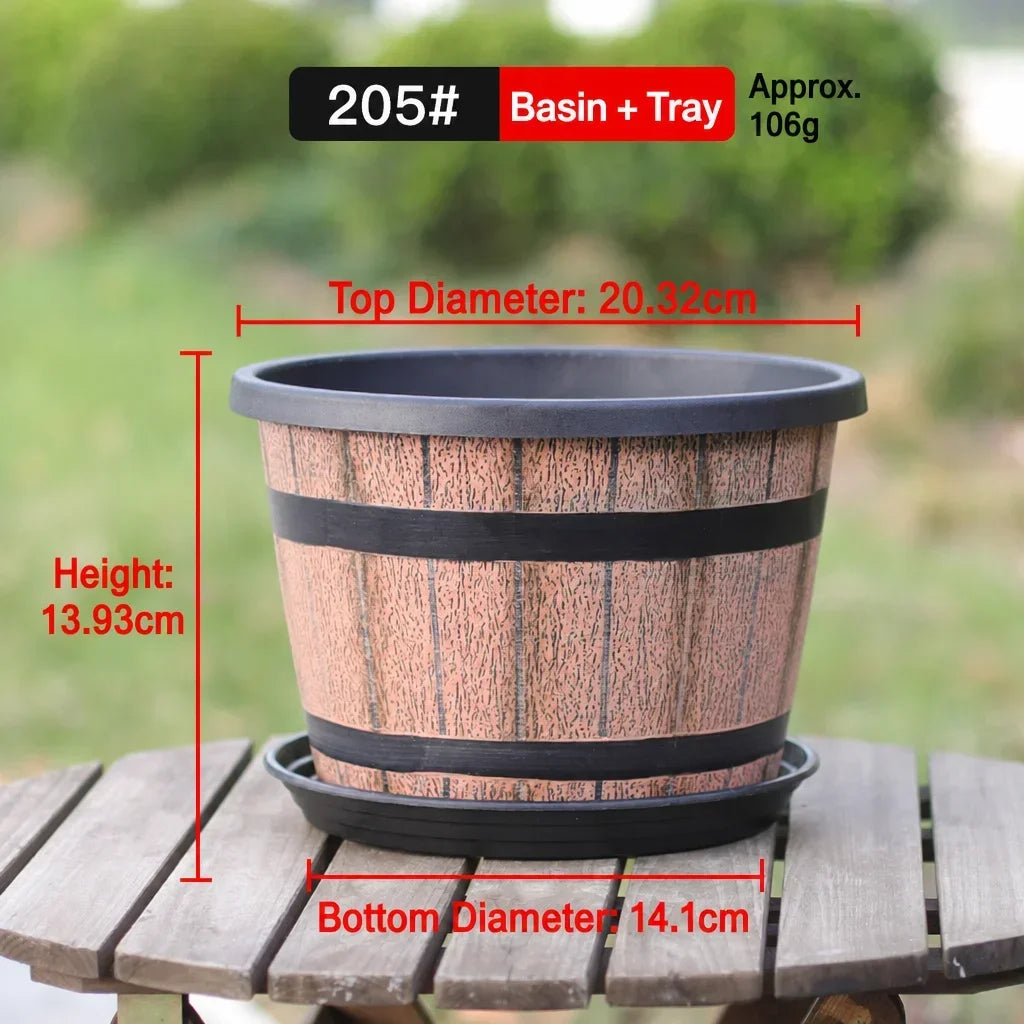 Whiskey Barrel Shaped Planter Pots with Drainage Holes, Vintage Brown Plastic Flower Pot Set, Indoor & Outdoor Houseplant Decor