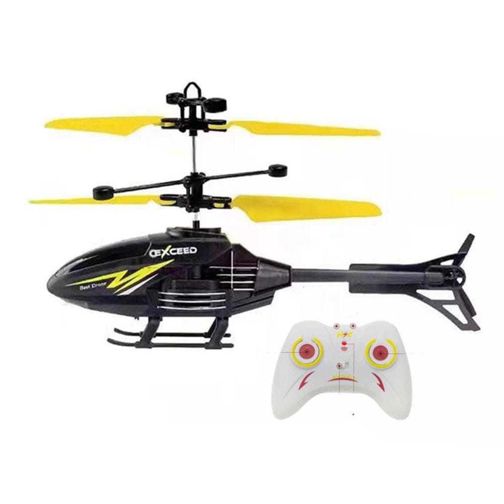 Black and yellow remote control induction suspension helicopter toy with a white controller featuring red accents for indoor flying entertainment.
