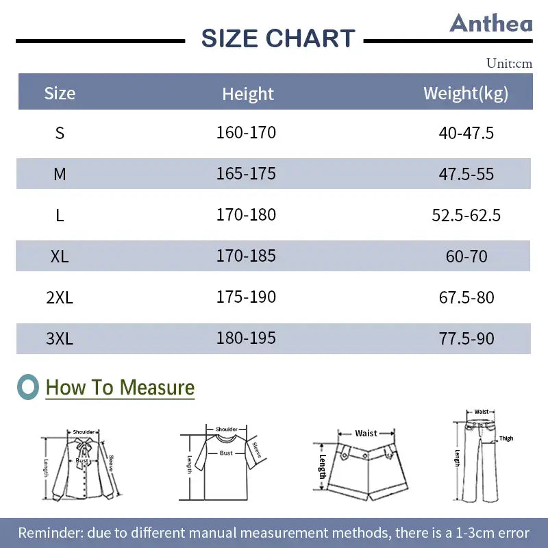 Guide des tailles de la marque Anthea indiquant les fourchettes de taille et de poids pour les tailles S à 3XL, avec des schémas de mesure pour des jeans en denim ample à jambes larges, à broderie croisée.