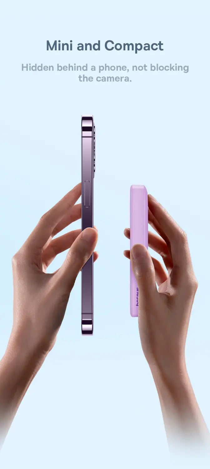 A sleek compact pink baseus magnetic power bank 20w wireless charger with minimalist design and subtle branding highlighting its high energy conversion rate.