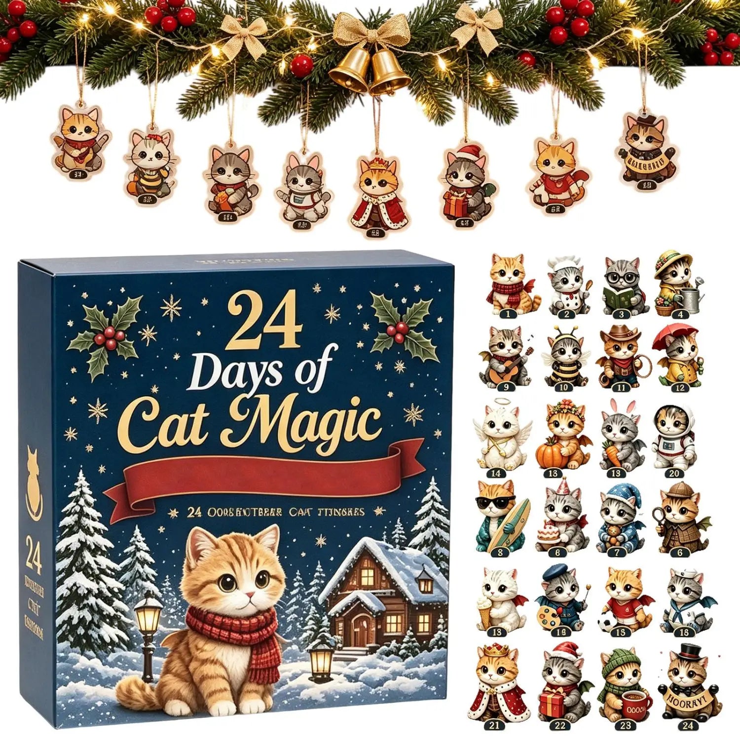 Boîte du calendrier de compte à rebours « 24 jours de magie du chat » en bleu, ornements de Noël en acrylique pour le calendrier de compte à rebours, présentant un chat roux (ginger) illustré, portant une écharpe rouge, assis devant une maison enneigée.