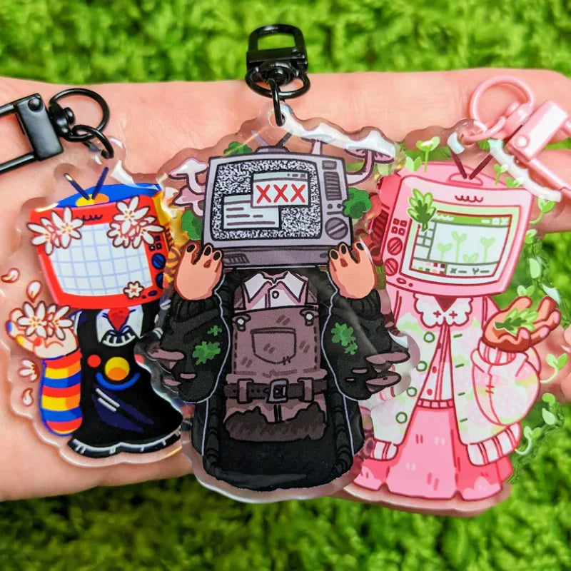 Cute TV Head Acrylic Keychains Customizable Collectible Anime Style PVC Charms for Bags And Luggage