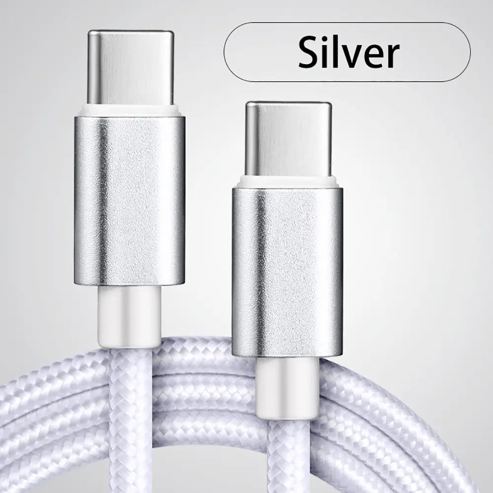 Silver usb c fast charging braided cable with a white braided exterior and metallic connectors.