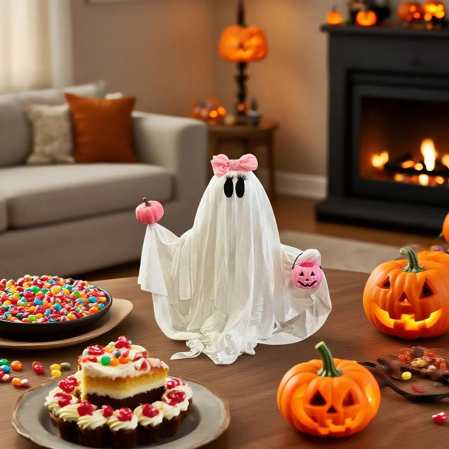 Eine weiße Geisterfigur mit schwarzen Augen und einer rosa Schleife, die kleine Kürbisse in jeder Hand hält, ist als rosa Kürbis-Geister-Halloween-Tischdekoration dargestellt.