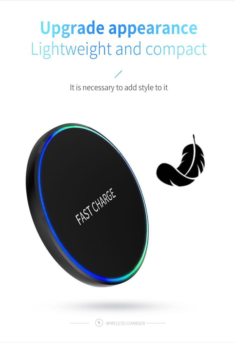 Black circular wireless fast charging pad with a glowing blue LED ring and fast charge text designed for phone watch and earphones.