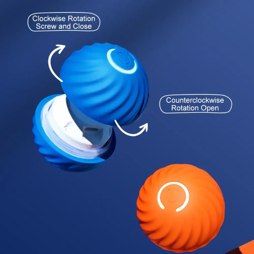 Blue and orange spherical twist-open dog toys with ribbed surfaces shown from a front angle as interactive accessories feature