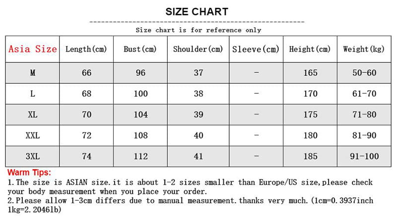 Tableau des tailles pour le débardeur de sport pour homme conçu pour accomplir la tâche, gilet de fitness à séchage rapide, indiquant les mensurations en centimètres et en kilogrammes pour des tailles asiatiques de M à 3XL.