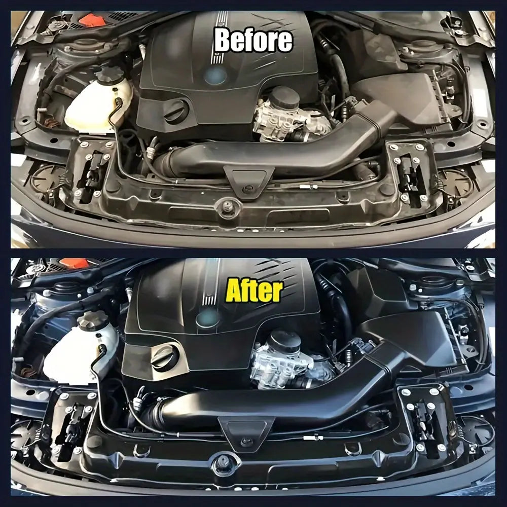 Engine bay cleaner and plastic restorer featuring a black engine cover with a glossy finish and subtle silver trim accents.