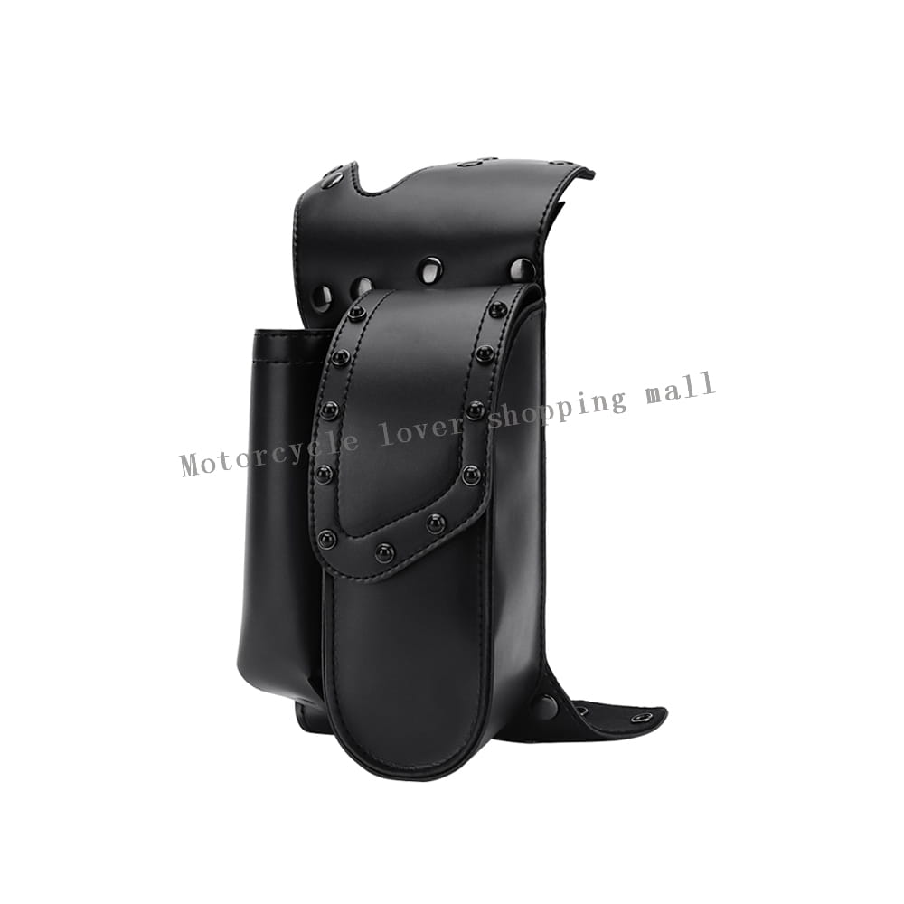 Black leather Harley touring saddlebag guard bag with a glossy finish and silver rivets