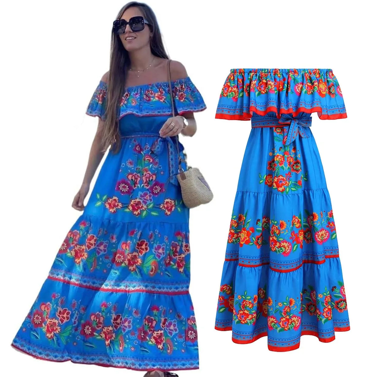 Beach Holiday Party Traditional Ethnic Wear Off Shoulder Floral Print Women Mexican Dress