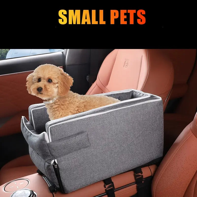gray fabric pet car console seat with white trim and black straps designed for small pets up to 5kg weight limit for safe car rides