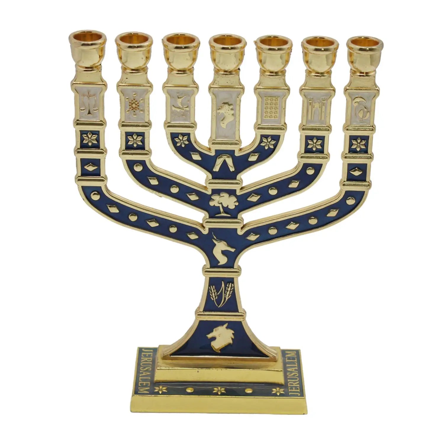 Menorah Candelabrum Ornament with Gold Accents Table Centerpiece Candlestick for Living Room Banquet Christmas Home Decor A gold and navy blue enamel menorah candelabrum with intricate dove and wheat stalk designs and jerusalem inscription on its base for living room home decor.