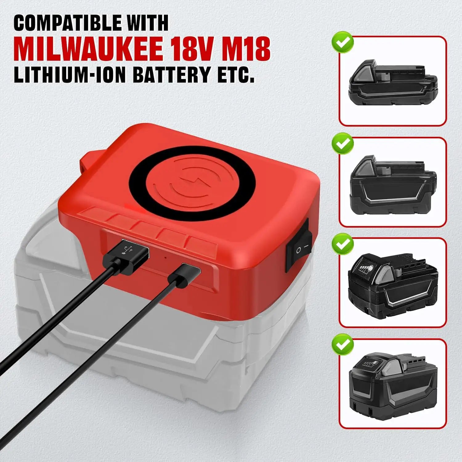 Cargador de baterías rojo y gris con almohadilla de carga circular en la parte superior, diseñado para baterías de iones de litio Milwaukee 18 V M18, con protocolo de carga rápida, para compatibilidad con banco de energía inalámbrico y herramientas Makita, DeWalt y Milwaukee de 18 V