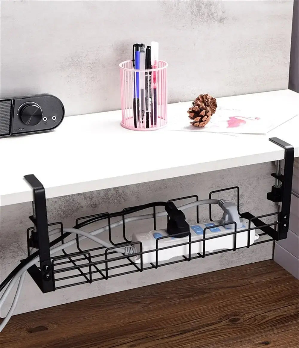 Black metal wire shelf organizer with adjustable brackets and grid design for under desk cable management tray.