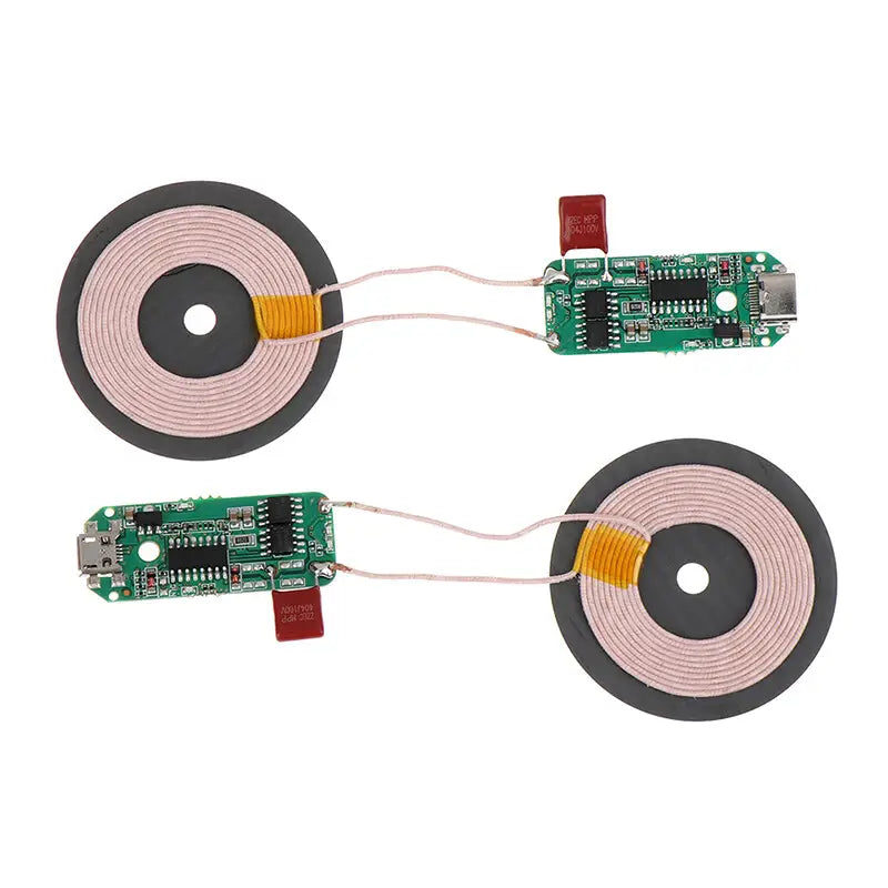 Wireless charger pcba 15w type-c module showing green circuit boards with pink wireless charging coils for next generation wireless charger future technology.