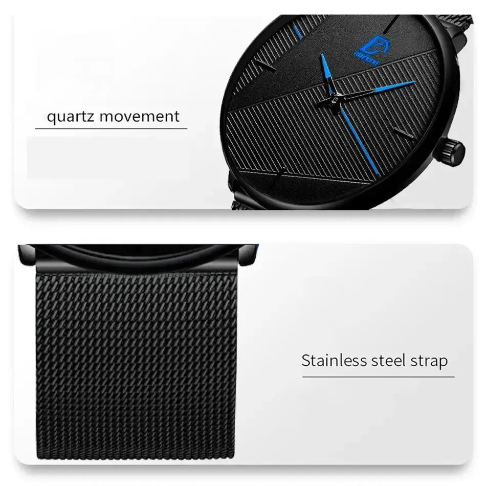 Herrenarmbanduhr aus schwarzem Mesh, Quarz, mit einem strukturierten Zifferblatt und blauen Zeigern sowie einem Maschenarmband aus Edelstahl.