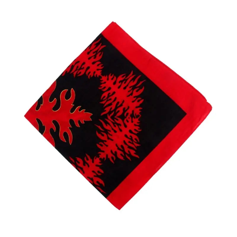 flame pattern bandana head scarf featuring a red and black flame design with a bold red border suitable for use as a headscarf or neck accessory