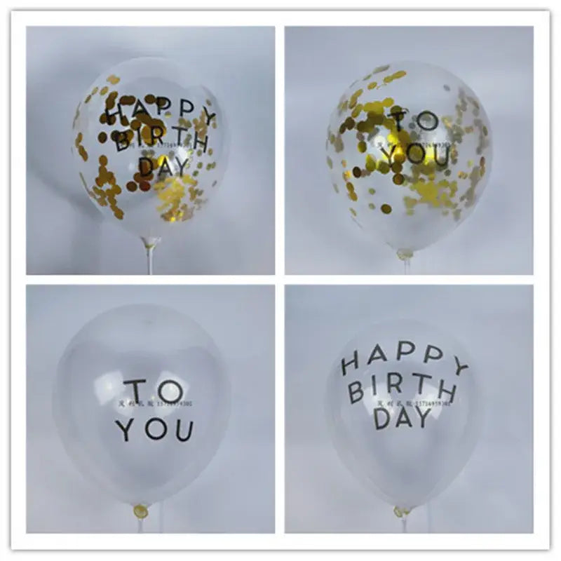 ballons en latex d’anniversaire, lot de 20, assortiment imprimé, présentant un matériau en latex transparent avec confettis dorés et le texte « joyeux anniversaire » ou « à vous » en noir, pour des célébrations d’anniversaire