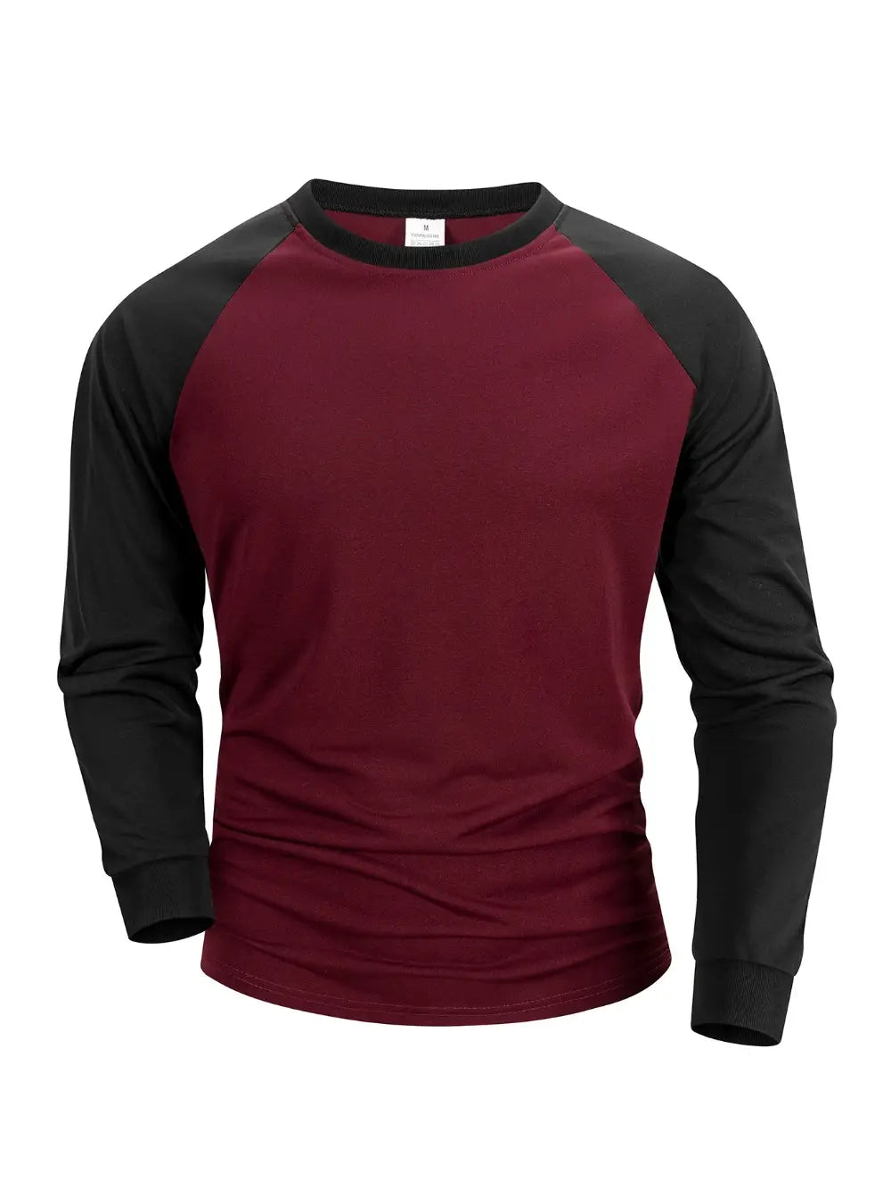 Mens raglan long sleeve casual t-shirt featuring a maroon and black color scheme with a crew neck design.