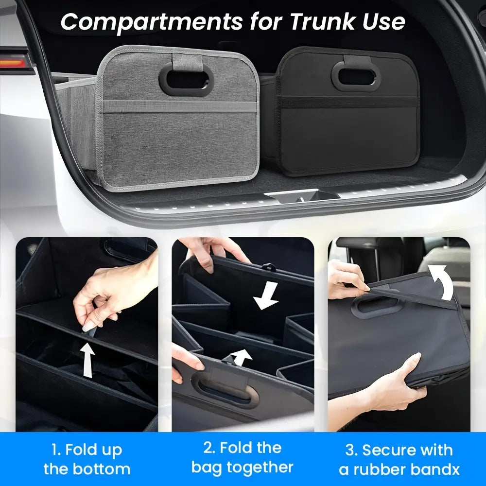 Bolsa organizadora plegable para cajuela de automóvil de tela gris, con asa negra y costuras reforzadas.