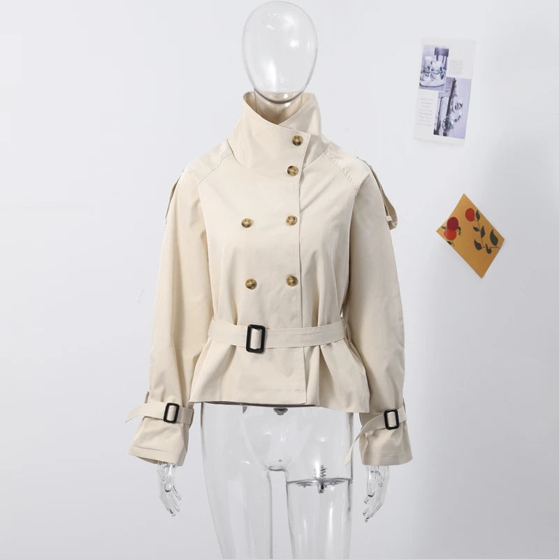 Double Breasted Trench Coat With Belts Women Elegant Stand Collar Long Sleeve Jacket Office Lady Windbreaker Street Tops