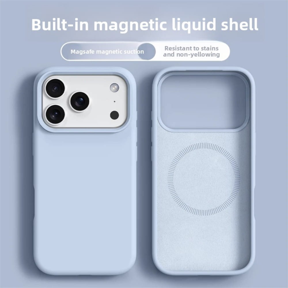 MagSafe対応のための内蔵磁性液シェルを搭載した、iPhone 17 Pro Max向けライトブルーのシリコーン磁性液ケース（背面からの表示）。