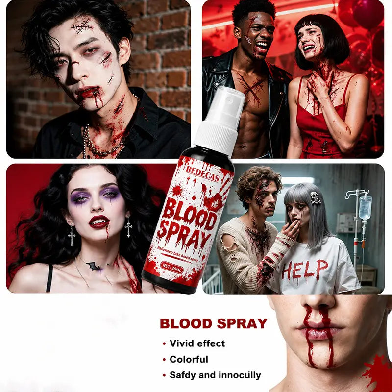 Redecas spray de sangre falsa para Halloween de 30 ml en un frasco negro con tapón blanco y etiqueta roja, diseñado para crear efectos coloridos y vívidos en disfraces y es lavable.