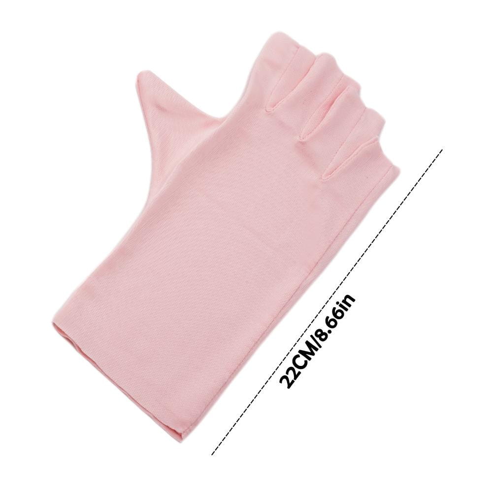 A soft pink uv protection fingerless sunscreen driving glove made of smooth fabric with a snug fit and finger separation shown from the back side.