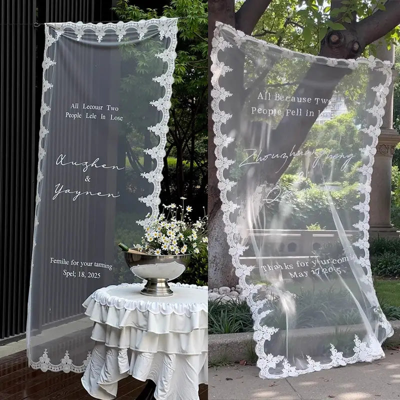 Weiße, mit Spitze eingefasste transparente Hochzeitskulisse mit eleganter Sprechschrift und floralen Details für ein individuelles Willkommensschild aus Spitze als Banner.