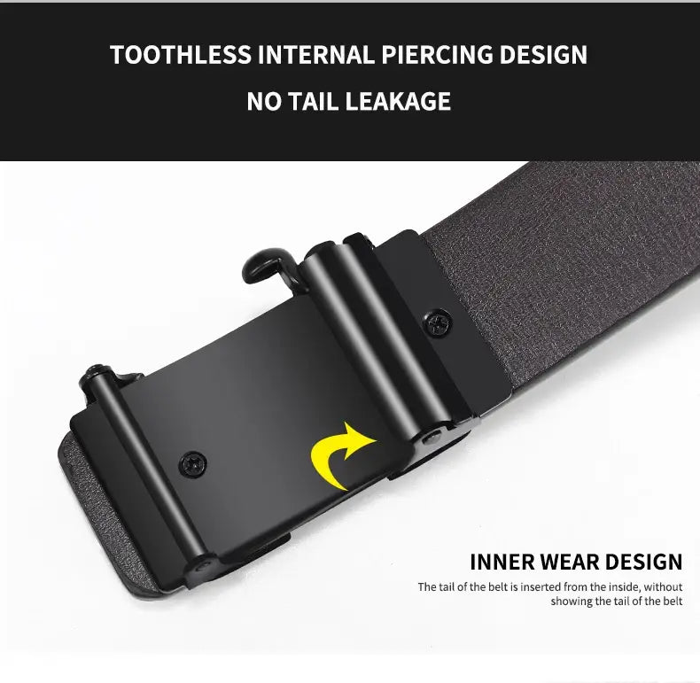 Mens leather belt automatic buckle black with a sleek toothless internal piercing buckle and a dark gray textured leather strap.
