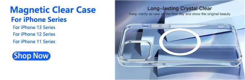 Étui magnétique transparent pour la série iPhone, avec un design transparent et un anneau magnétique circulaire visible depuis l’arrière, compatible avec un chargeur de voiture sans fil magnétique pour téléphones mobiles sans fil.