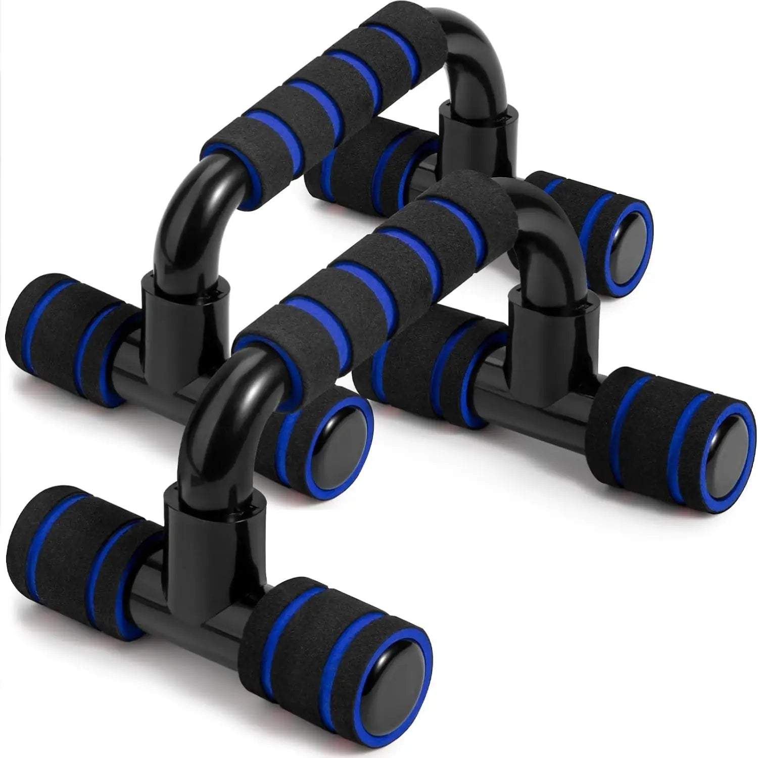Barras de flexiones en forma de H para entrenamiento de fuerza con empuñaduras de espuma negra y azul y un marco metálico elegante y resistente.