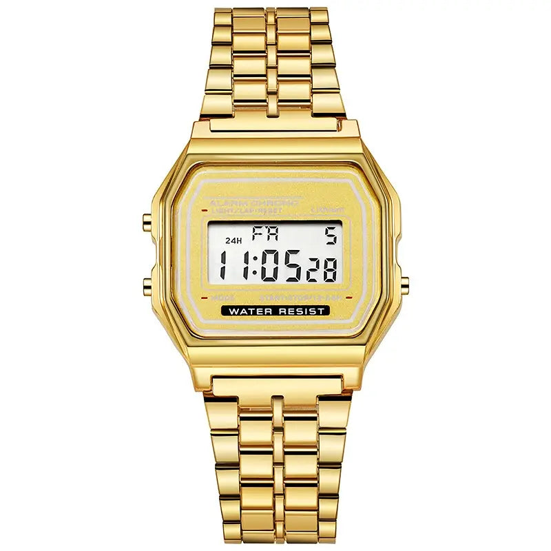gold digital stainless steel women watch with a rectangular face and metallic link bracelet