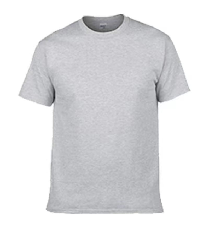 くすみグレーの無地の男性用綿素材カスタムプリントTシャツ。カジュアルなクルーネックと半袖を備えています。