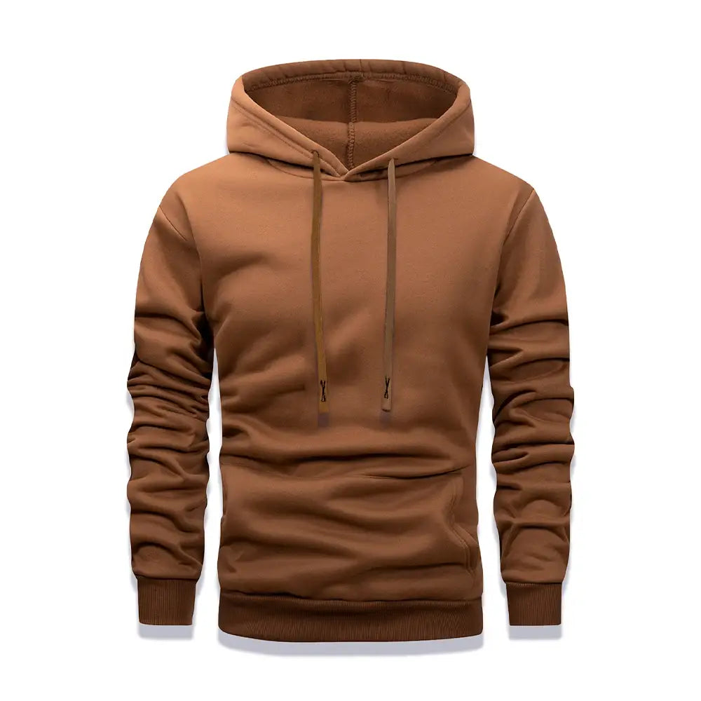Einfarbiger brauner Herren-Fleece-Pullover-Hoodie aus warmem Material mit passenden Kordelzügen und gerippten Bündchen, ideal für lässige Winterbekleidung.