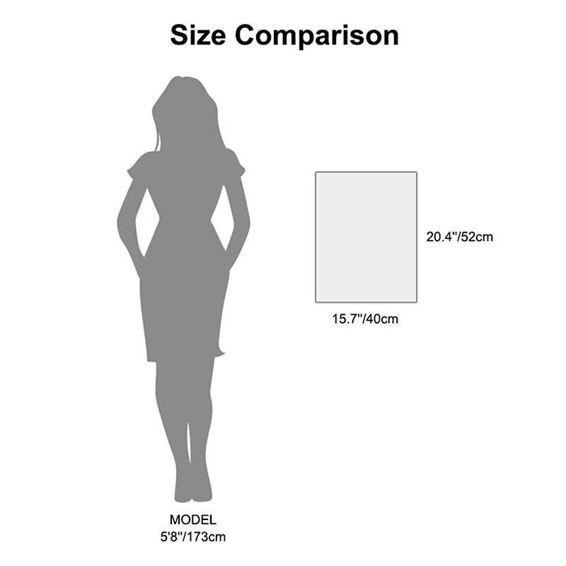 Une silhouette grise d’une femme se tient à côté d’un tableau de comparaison des dimensions rectangulaire sur un panneau d’accueil de mariage personnalisé en mousse blanche.