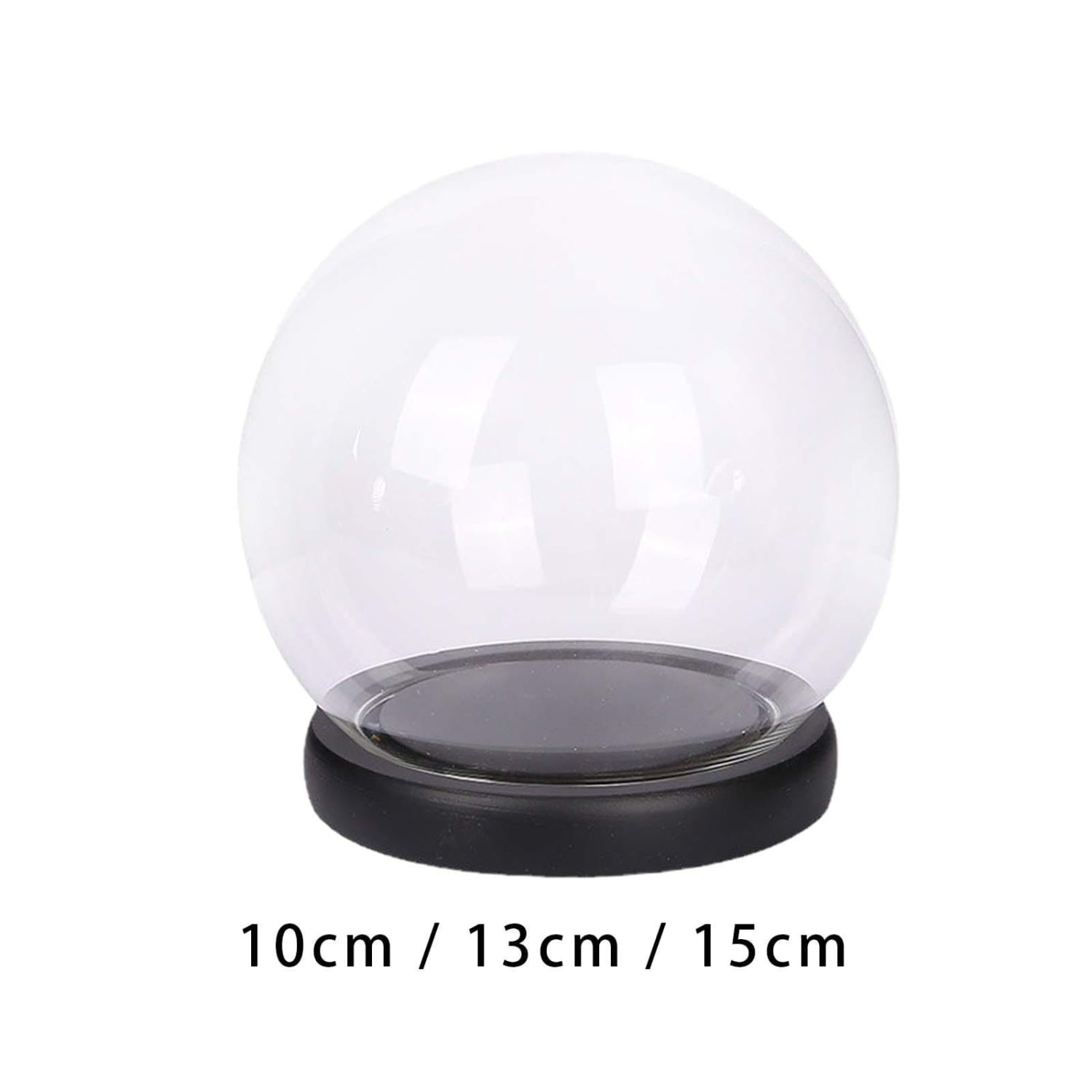 Clear glass display dome with black circular base available in 10cm 13cm and 15cm sizes featuring a dried floral arrangement inside.