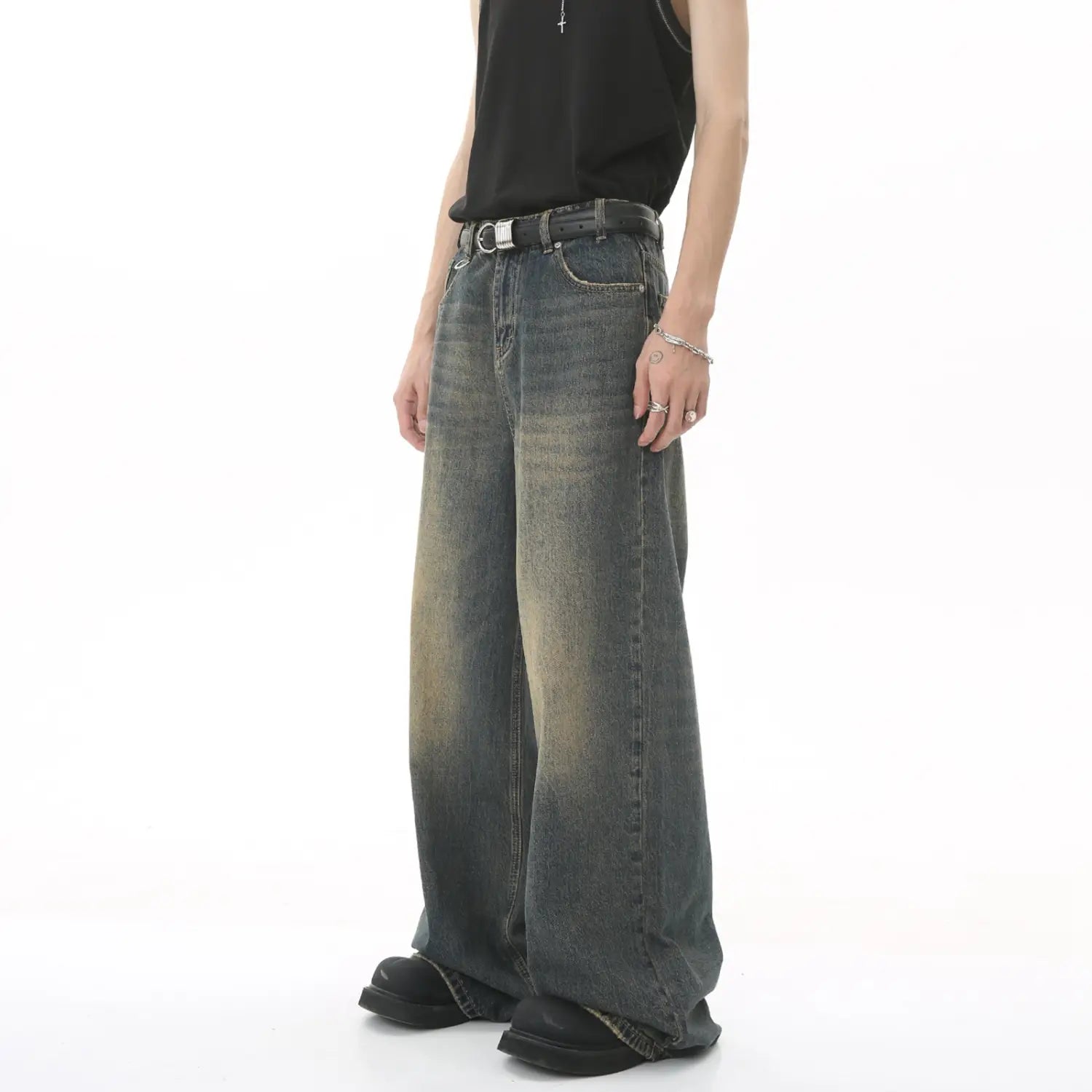 Men’s vintage wide leg baggy denim jeans in faded dark gray with subtle distressing on the legs.