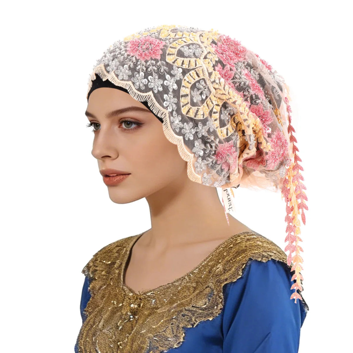 New Ethnic Tassel Headscarf Beaded Embroidery Turban Luxury Tassel Bonnet Women Muslim Hijab Lace Wedding Party Headwear Beanies