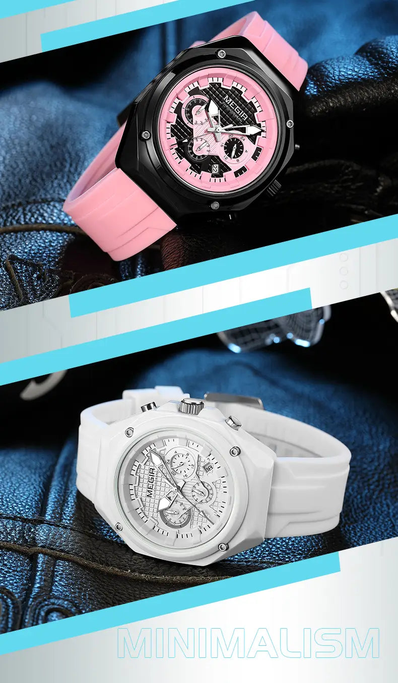 Megir sport chronograph watch with a pink and black silicone strap designed for sporty use.