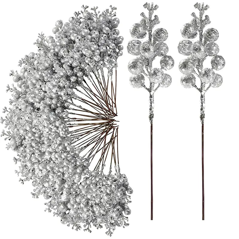 silver glittery berry branches with frosted spherical ornaments and textured stems form a 20pcs christmas decoration glitter flower bouquet for festive use