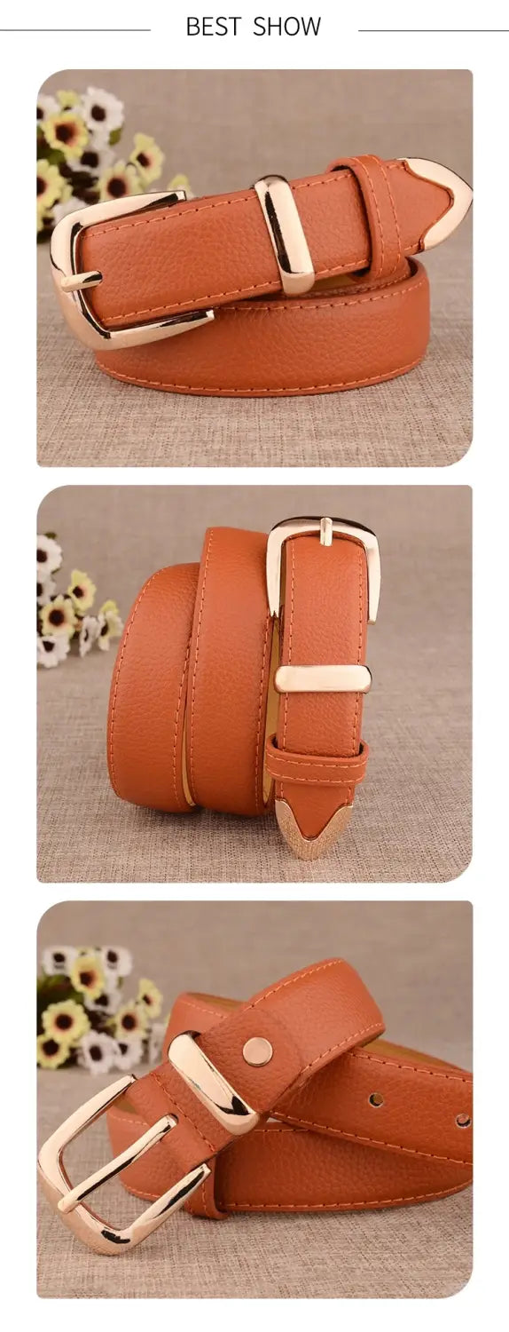 Ceinture en cuir pour femmes, vintage, avec boucle à épingle et passant, en cuir couleur tan, dotée d’une boucle ton or et d’une quincaillerie métallique assortie.