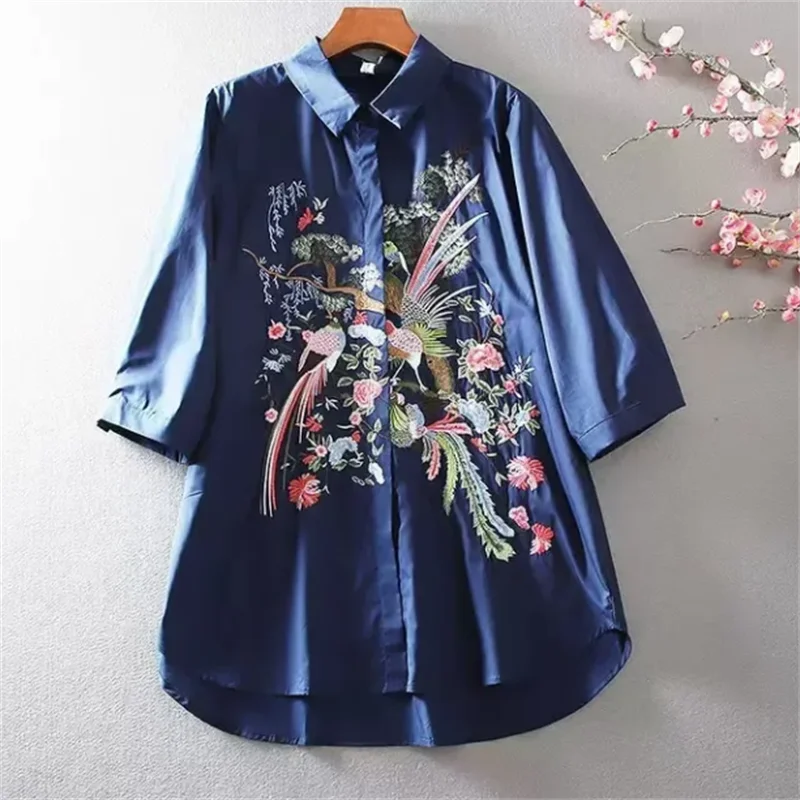Literature Art Blouse For Women Shirt China Blusas Chic Embroidery Flower Blouses Loose Shirt Medium Length Vintage shirt Top
