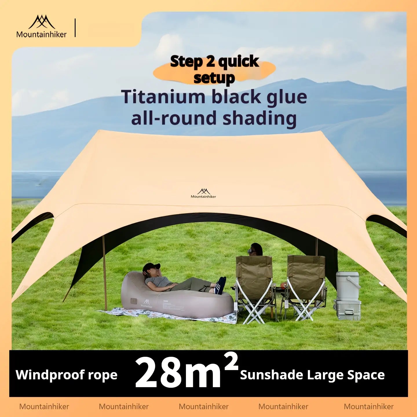 Toldo de campaña grande para montaña Mountainhiker color beige, hecho de material de cola negra de titanio, con estructura de toldo exterior y sombra envolvente; ofrece un espacio amplio de 28 metros cuadrados.