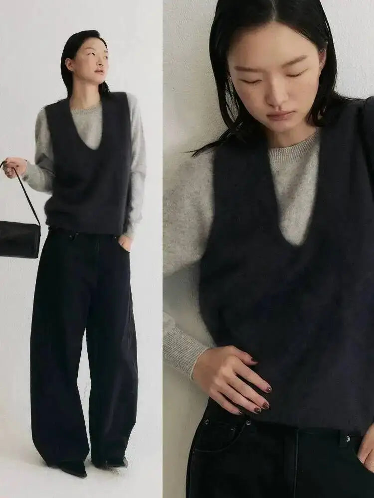Women Fleece Wool Sweater Vest,Autumn Winter V-neck 4%Cashmere 91%Wool Blend, Knitted Pullover Tops