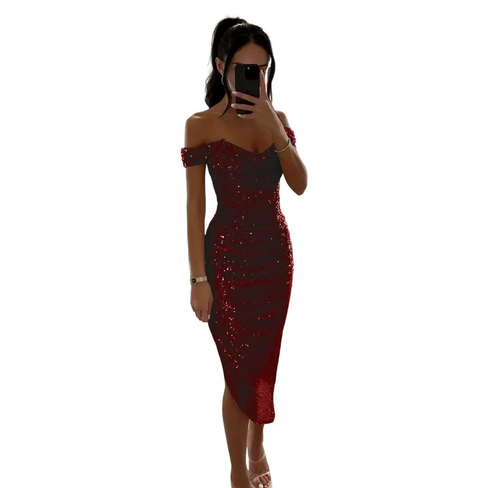 Women Christmas Party Dress Sequined Irregular Hem Evening Dress Low-cut Prom Wedding Party Formal Slit Hem Ladies Midi Dress